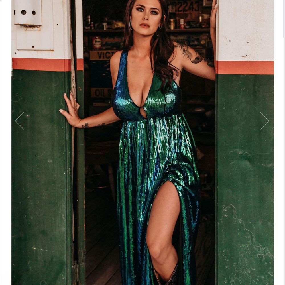 Southern Fried Chics Flashing Lights Peacock Sequin Maxi Dress, Racerback & Slit